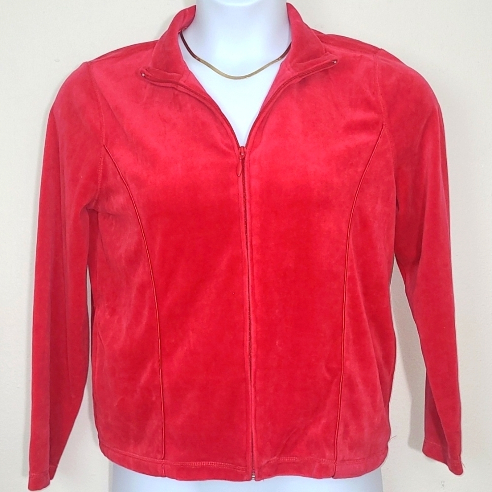 Kim Rogers Red Velour Zip-Up Jacket Medium Petite | Plush Y2K Lounge Track Style